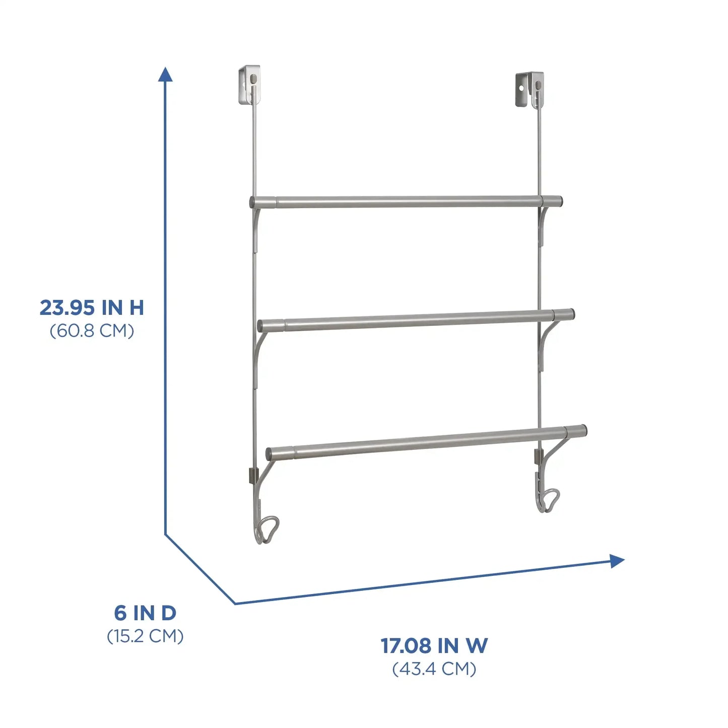 Mainstays SnugFit Over-the-Door 3-Tier Towel Bar with 2 Hooks, Satin Nickel
