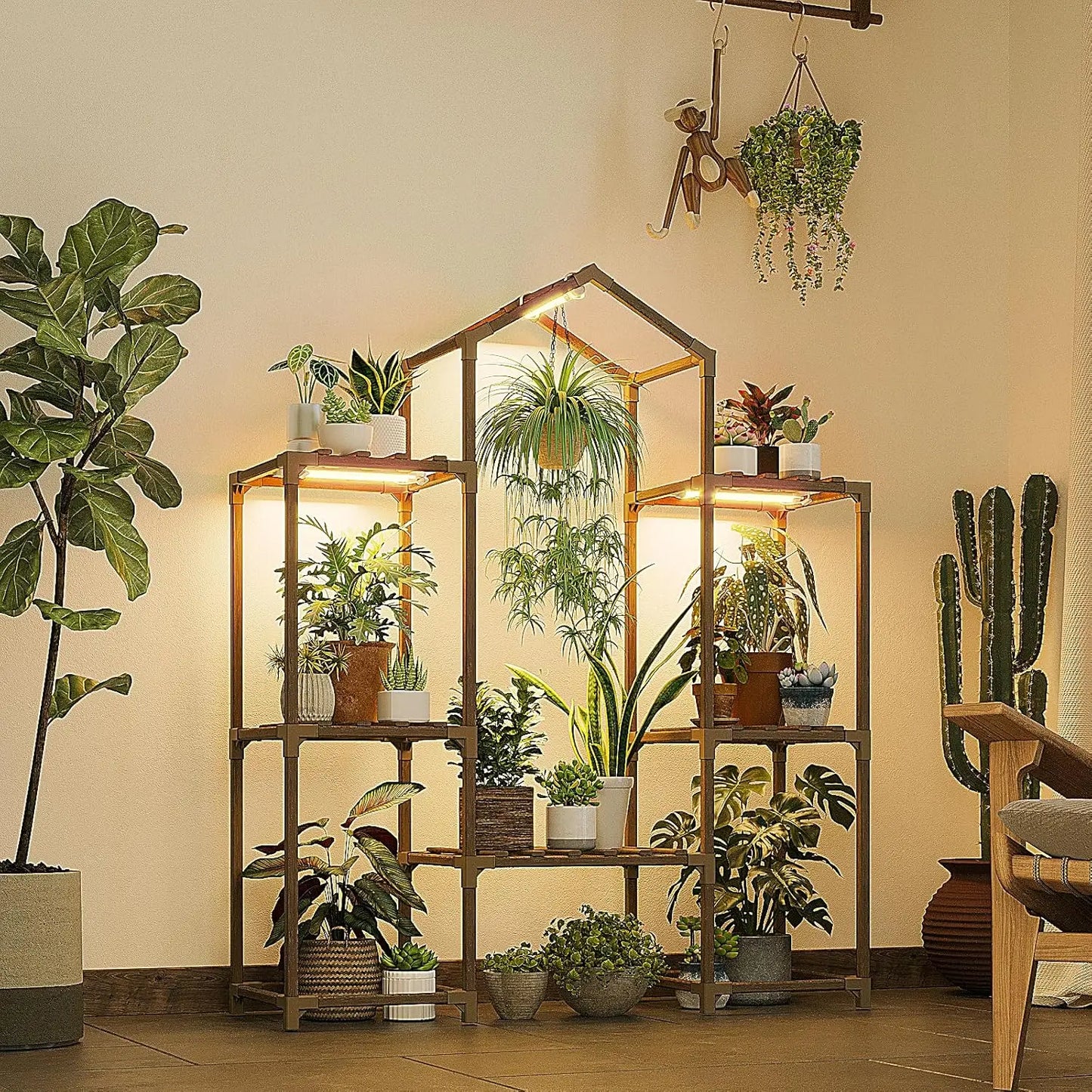 Wood Plant Shelf with Grow Lights for Indoor Hanging Planter Pots Living Room Patio