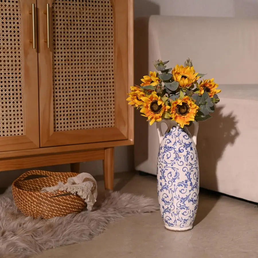 Blue and White Floor Vase for Pampas Grass, Ceramic Farmhouse Decorative Large Vases for Flower,