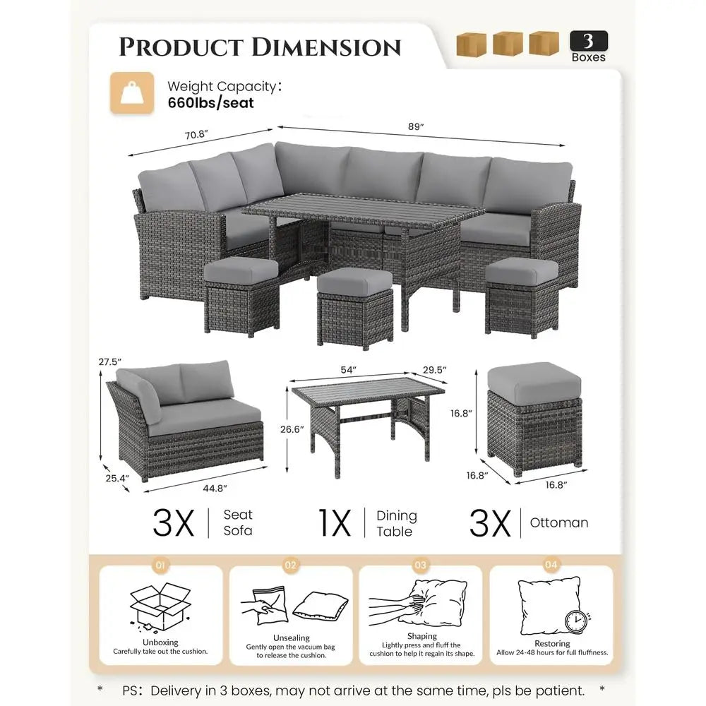 All-Weather Grey Rattan Outdoor Patio Furniture Set with Sectional Sofa, Dining Table, Chairs, and Ottoman