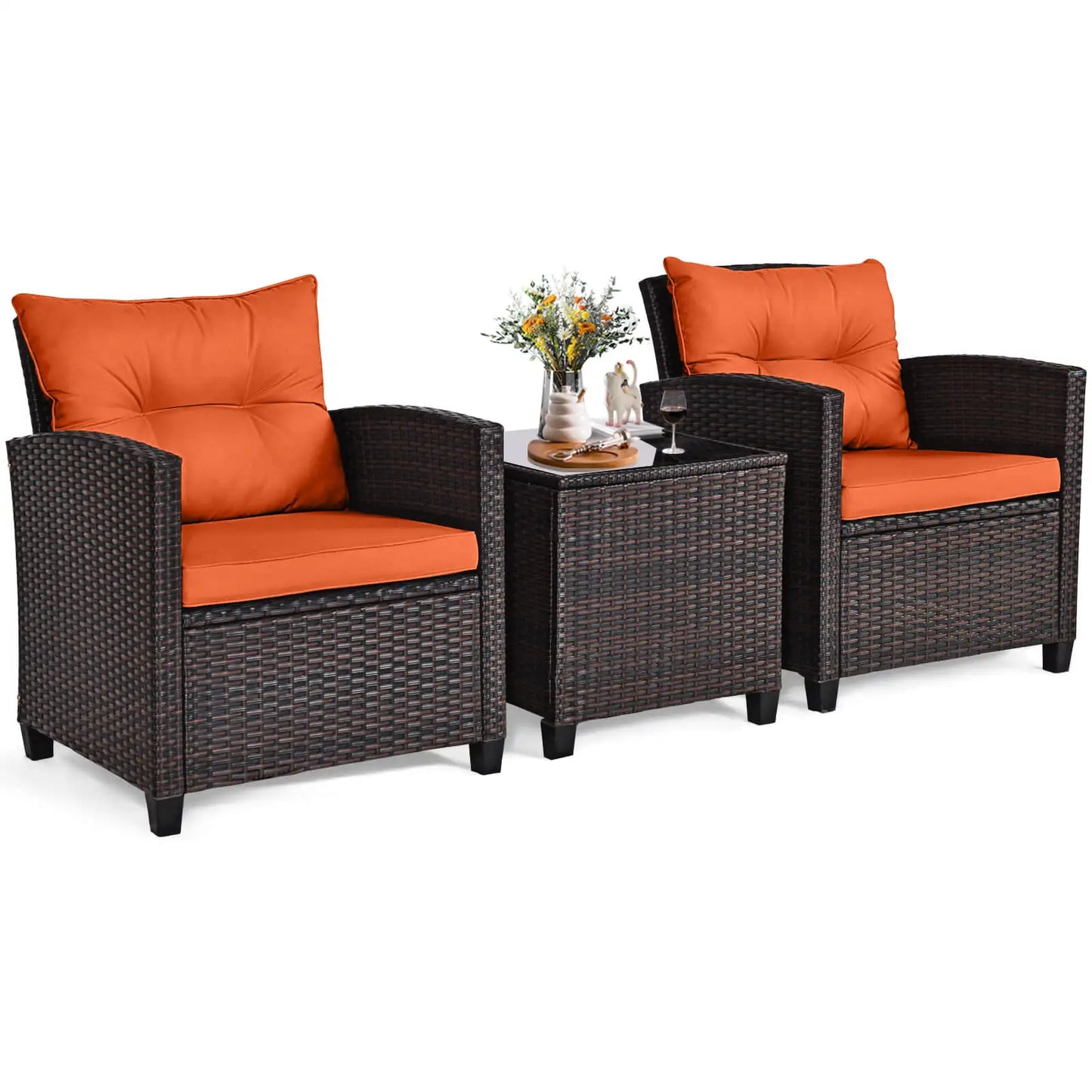 3 PCS Patio Rattan Furniture Set Cushioned Sofa Orange