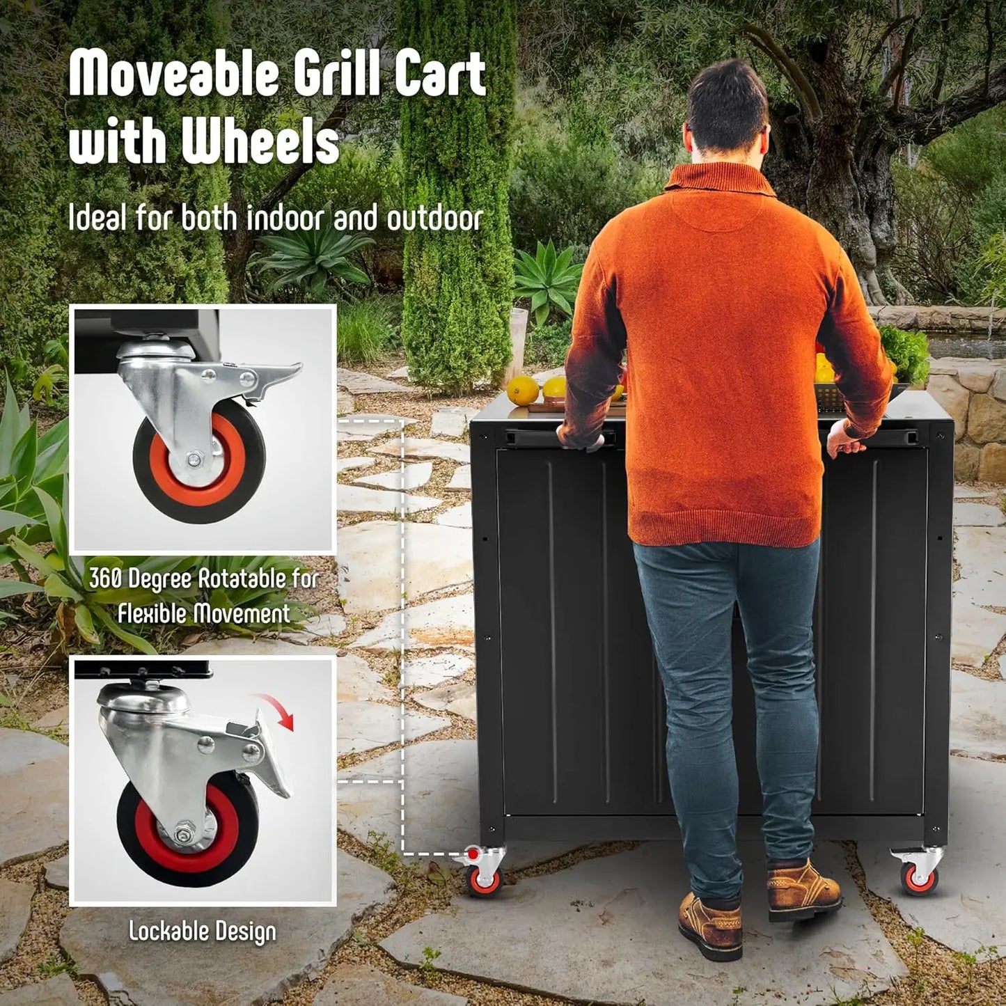 Outdoor Grill Cart with Storage Cabinet and Stainless Steel Top, Grill Station with Door,