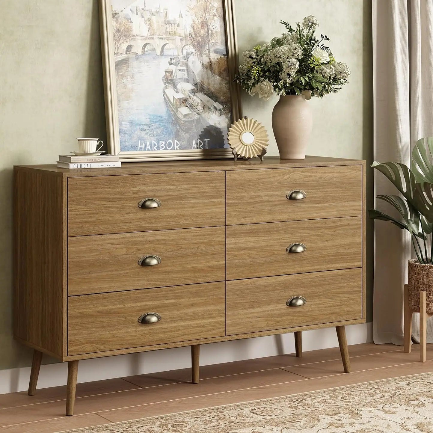 Walnut Brown Dresser 6 Drawer with Wide Drawers and Metal Knob