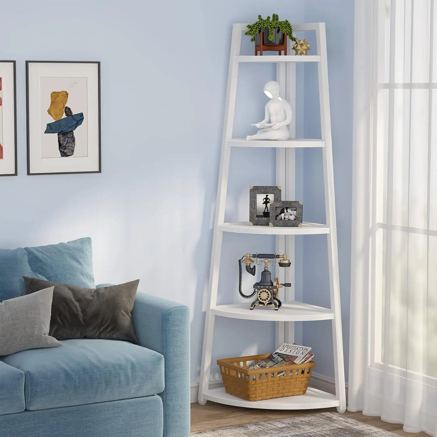 5 Tier Corner Bookshelf and Bookcase, 70 inch Tall Corner Shelves Standing Unit Indoor Plant Stand for Living Room (White)
