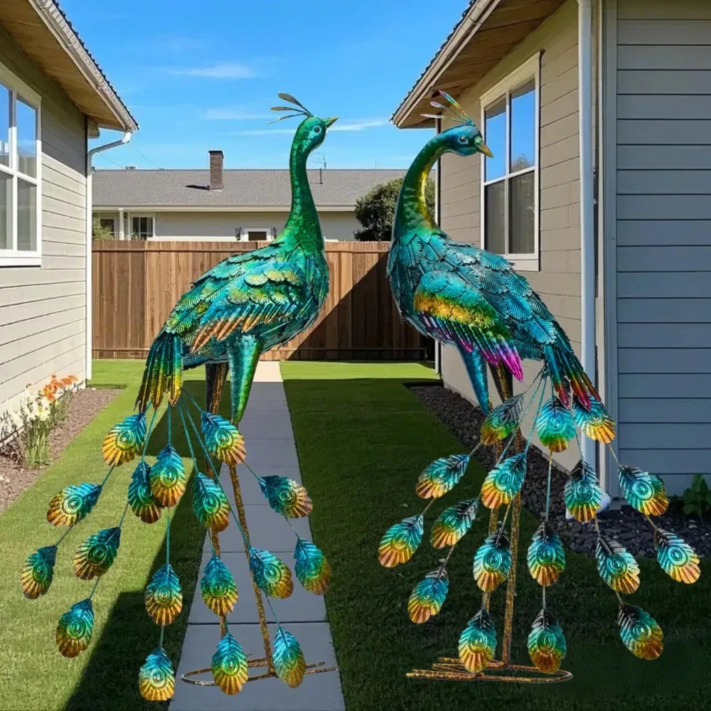 Metal Peacock Sculptures - Set of 2 Outdoor Garden Yard Art, Hand-Painted, 30.7
