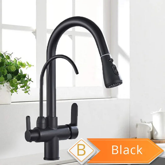 Purification Water Kitchen Faucet Black 360° Rotating Filter Water Faucets Pull Out Sprayer 3 Ways  Mixer Tap 7 different variants