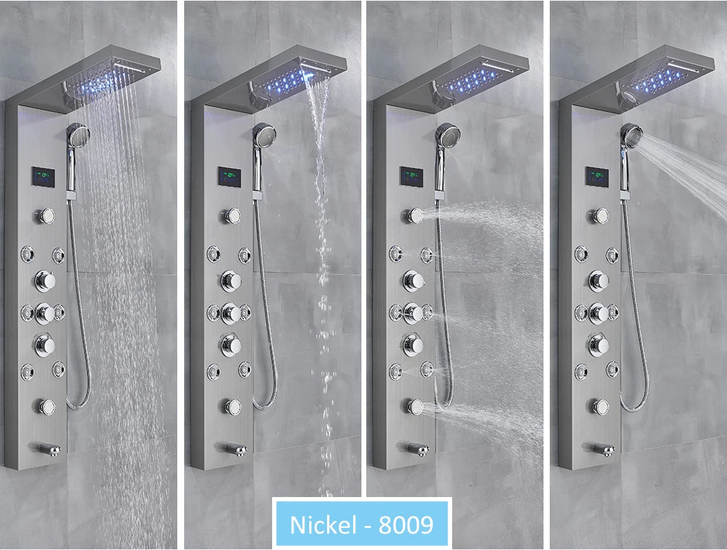 LED Shower Panel Tower System Rain Waterfall Shower LCD Display With Massage  Shower Faucet