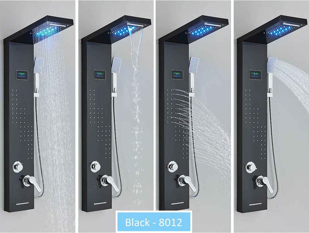 LED Shower Panel Tower System Rain Waterfall Shower LCD Display With Massage  Shower Faucet