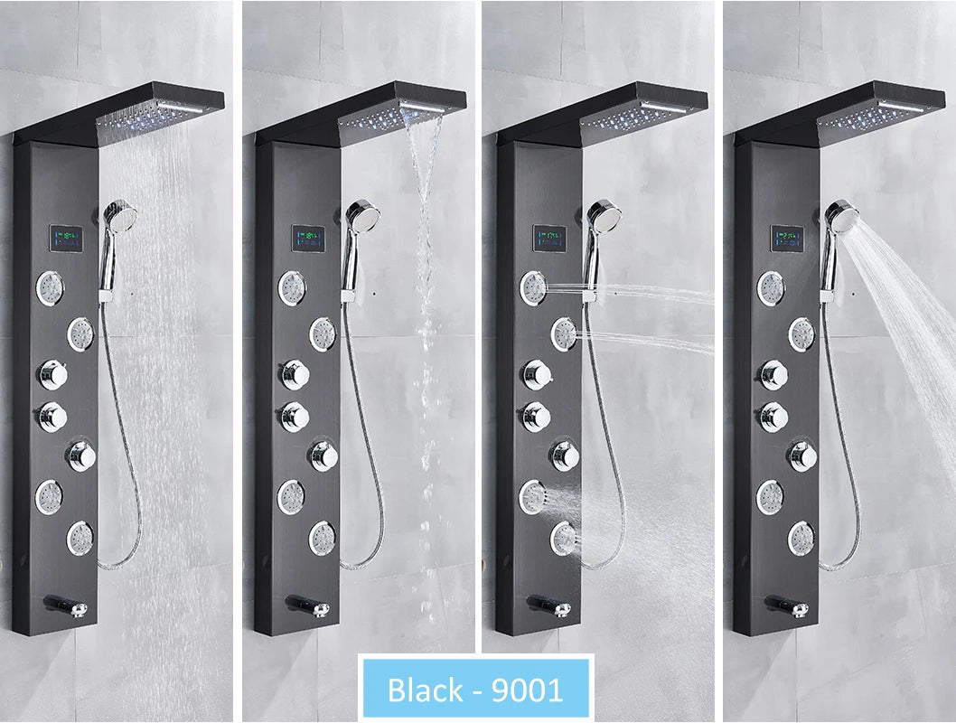 LED Shower Panel Tower System Rain Waterfall Shower LCD Display With Massage  Shower Faucet