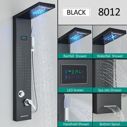 LED Shower Panel Tower System Rain Waterfall Shower LCD Display With Massage  Shower Faucet