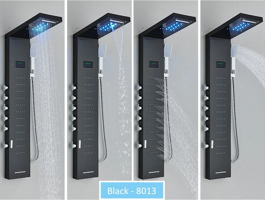 LED Shower Panel Tower System Rain Waterfall Shower LCD Display With Massage  Shower Faucet