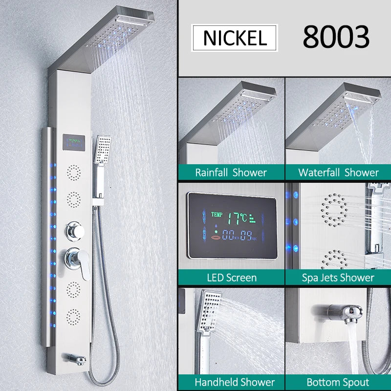 LED Shower Panel Tower System Rain Waterfall Shower LCD Display With Massage  Shower Faucet