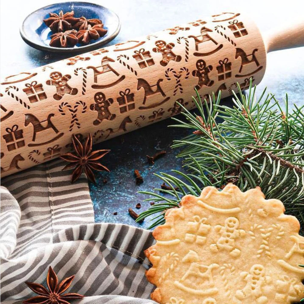 Christmas Rolling Pin With Pattern Snowflake Snowman