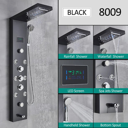 LED Shower Panel Tower System Rain Waterfall Shower LCD Display With Massage  Shower Faucet