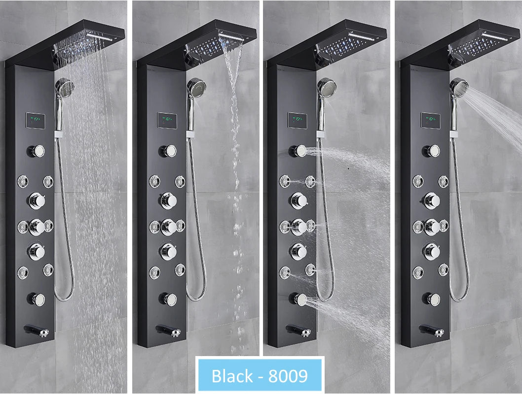 LED Shower Panel Tower System Rain Waterfall Shower LCD Display With Massage  Shower Faucet