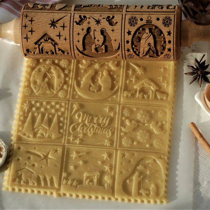 Christmas Rolling Pin With Pattern Snowflake Snowman