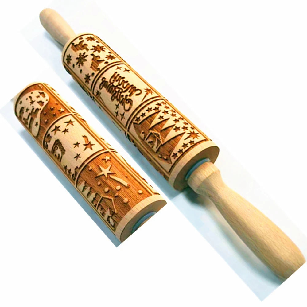 Christmas Rolling Pin With Pattern Snowflake Snowman