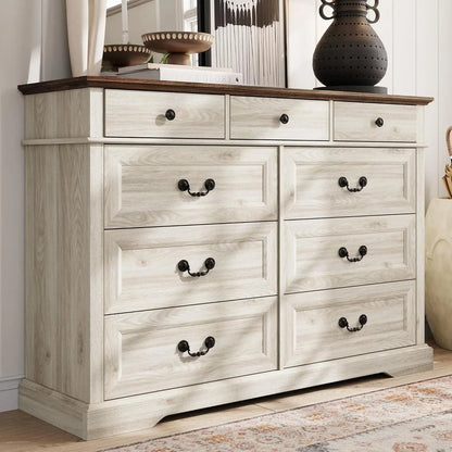 Farmhouse 9-Drawer Wood Dresser for Bedroom, Wide Chest Storage Organizer in Beige