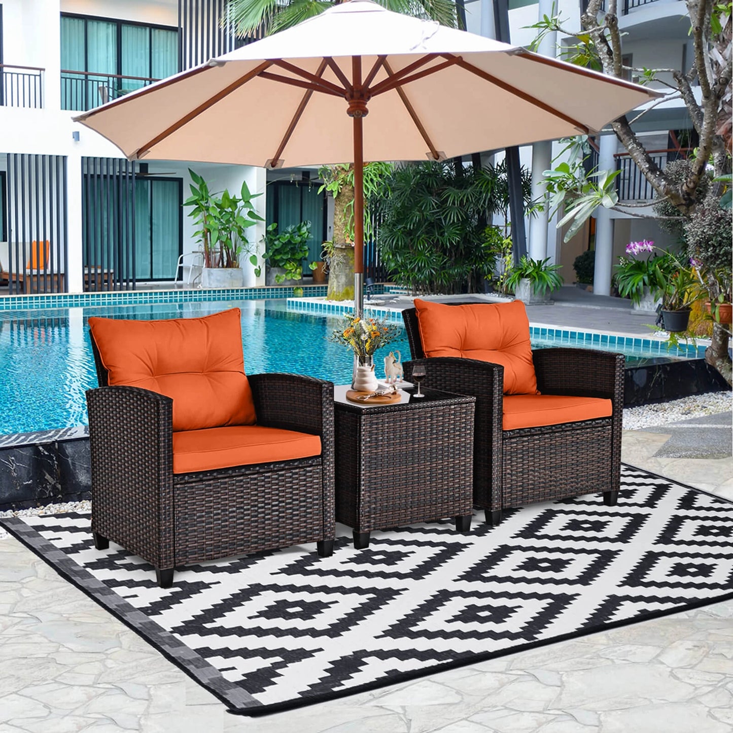 3 PCS Patio Rattan Furniture Set Cushioned  Sofa Orange