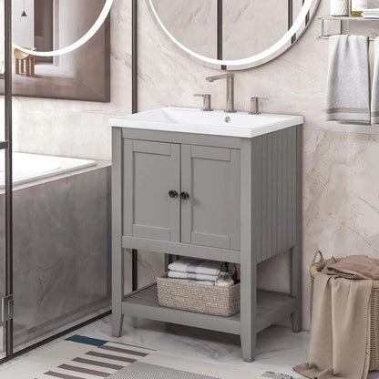 24 Inch Bathroom Vanity Sink Cabinet Solid Wood Door Open Shelf