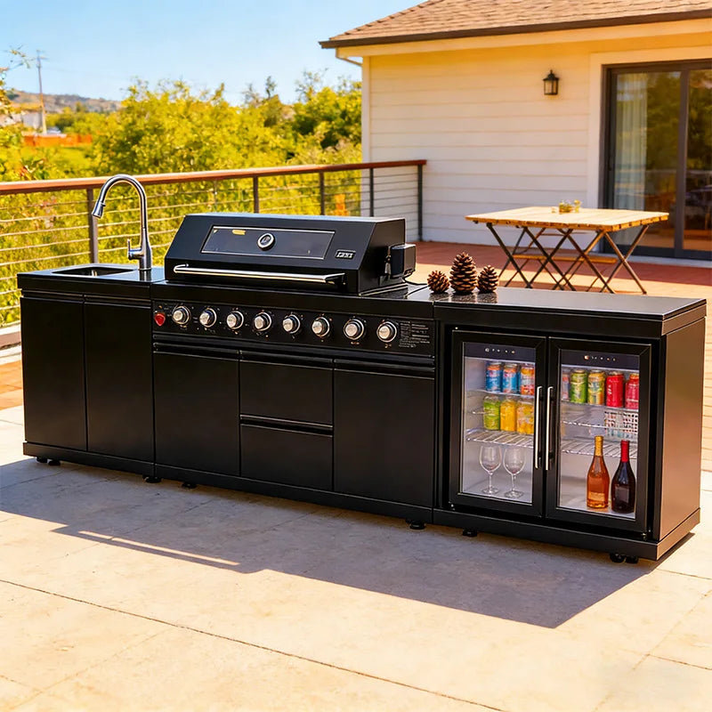 Modern Modular Functional Stainless Steel Outdoor Kitchen Grill Cooktop Sink Fridge LED For Backyard Patio Garden