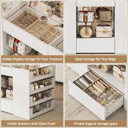 Closet Island with Drawers, Wardrobe Armoire Bedroom Island, Glass Display Shelf & 12 Drawers,