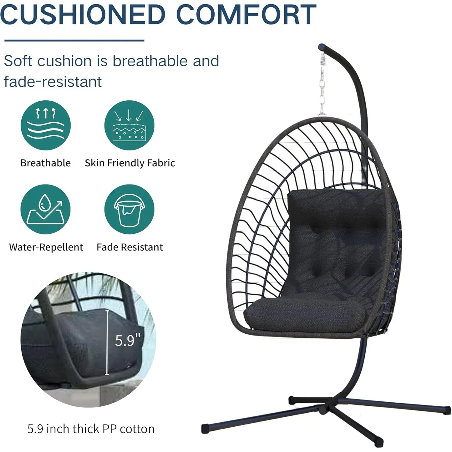 Hanging Egg Chair with Stand Indoor Outdoor, Foldable Rattan Wicker Hammock