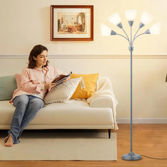 Medusa 5-Head Adjustable Floor Lamp, Large Shade, Silver, Living Room Bedroom Reading Light