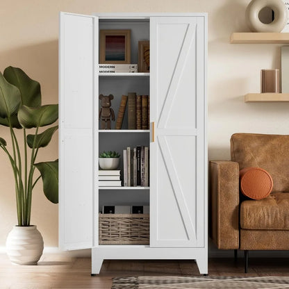 Exquisite White Farmhouse Storage Pantry Cabinet with 2 Barn Door, 3 Adjustable Shelves and Legs, Cupboard/Dining Ro
