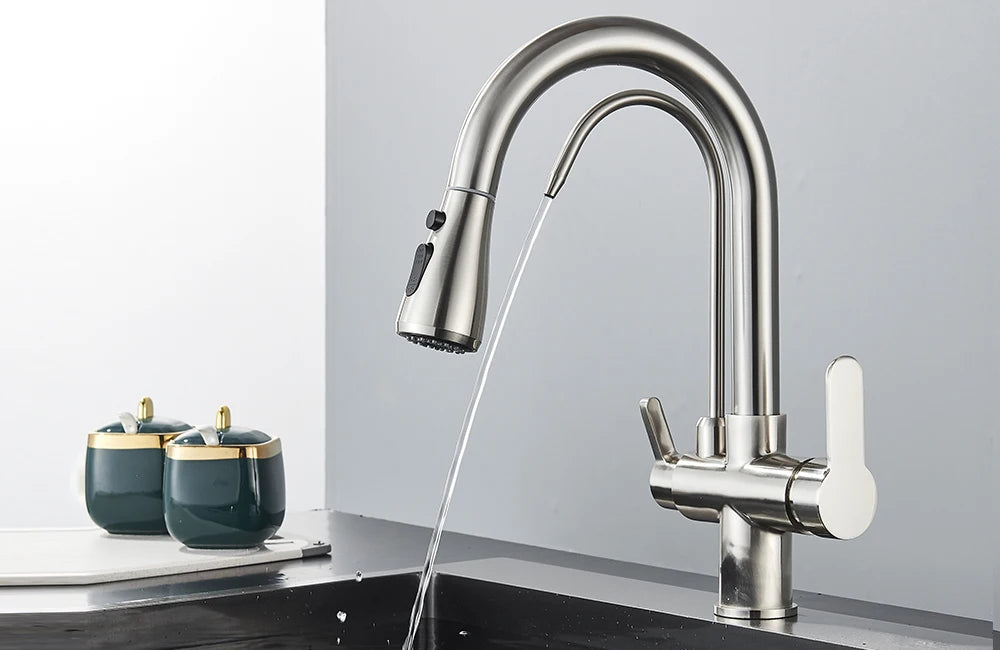 Quyanre Matte Black Filtered Crane For Kitchen Pull Out Spray 360 Rotation Water Sink Mixer Kitchen Faucet