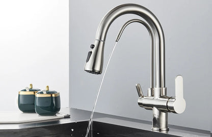 Quyanre Matte Black Filtered Crane For Kitchen Pull Out Spray 360 Rotation Water Sink Mixer Kitchen Faucet