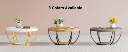32" Circle Marble Coffee Tables, 2-Tier Golden Metal Legs