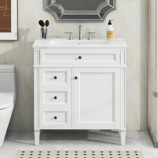 30" Bathroom Vanity Ceramic Sink Modern Freestanding Storage Cabinet Door 2 Drawers Tip-Out Drawer Solid Wood Frame, 5 colors