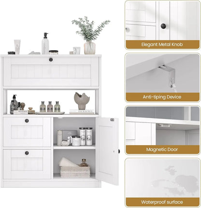 Bathroom  Storage Cabinet Organizer with 1 Door and 3 Drawers, Freestanding Cupboard