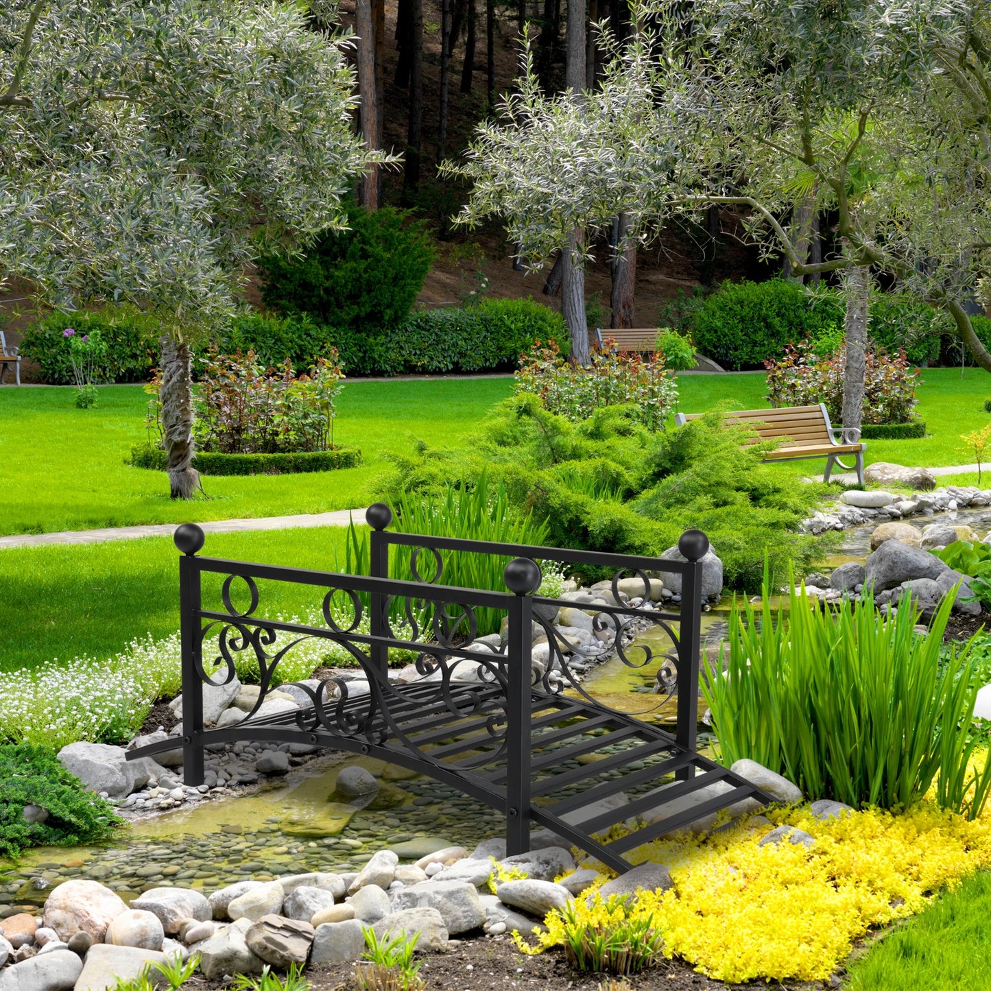 Garden iron bridge, with round iron ball flat-top handrails, black