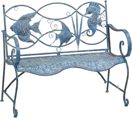 Weatherproof Blue Fish Coastal Outdoor Bench for Lawn Garden Patio