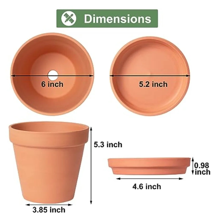 6 inch Terracotta Clay Pots for Plants with Saucer Medium Terra Cotta Plant Pots with Drainage Hole Flowerpot with Tray Terraco