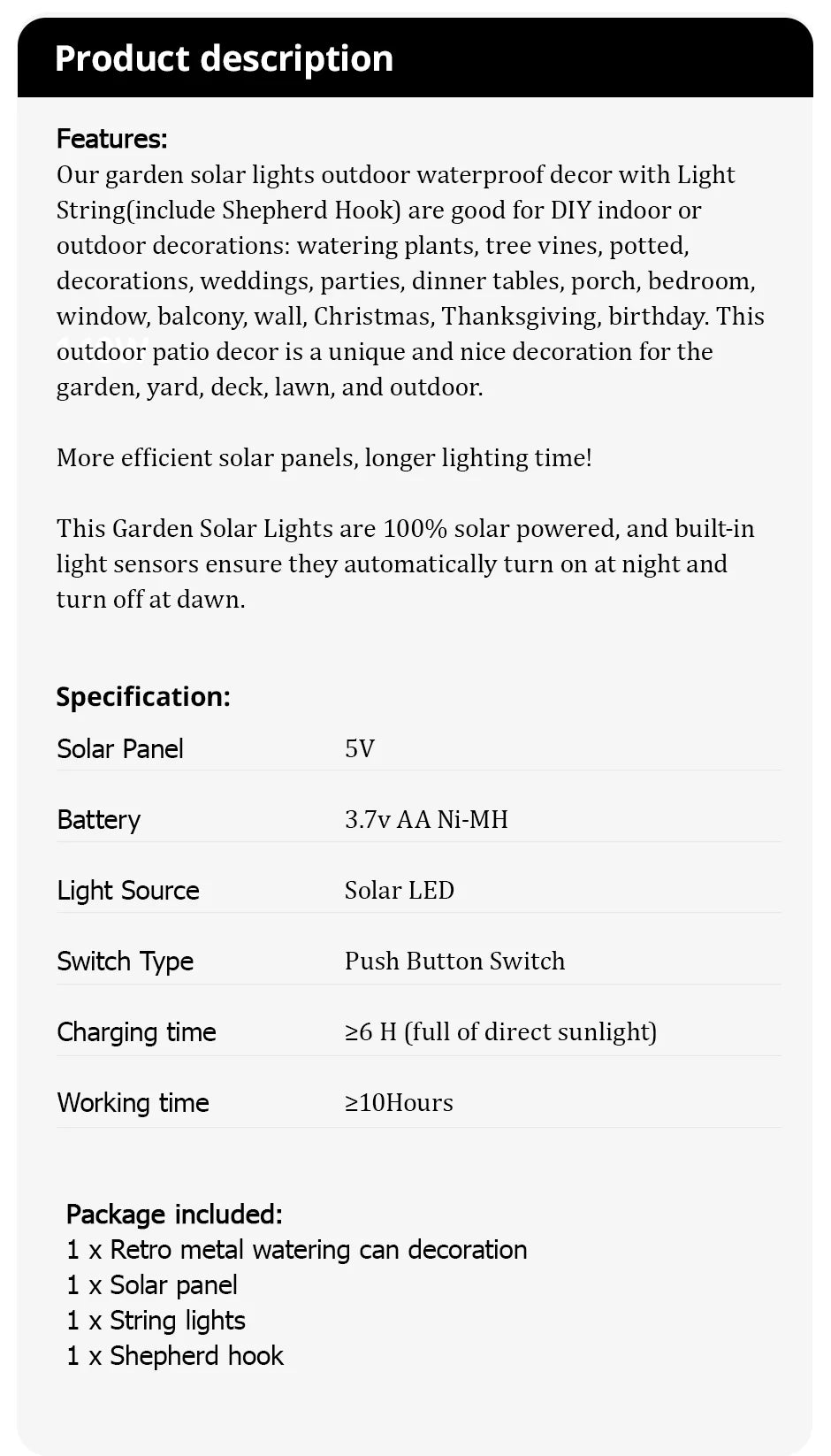 1pc Solar Watering Can with Lights Outdoor Solar Garden Lights
