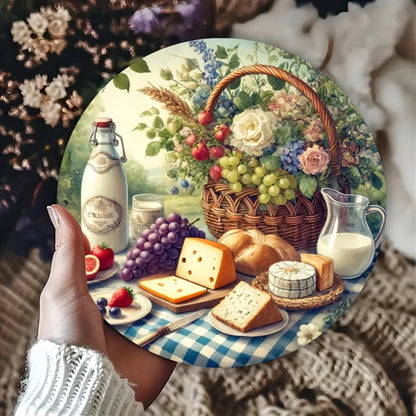 Rustic Food-Themed Decorative Wall Plate - 8x8 Inch Round Aluminum