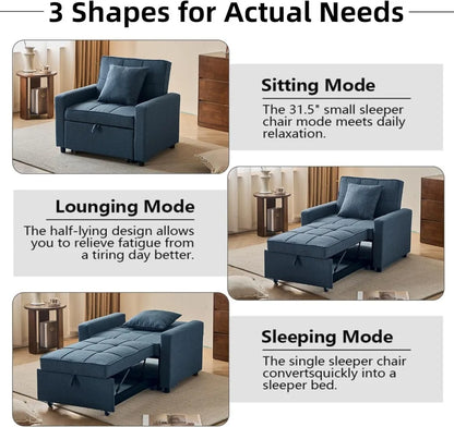3-in-1 Sleeper Sofa Bed with Reclining Backrest, Convertible Futon Couch,  for Small Spaces (Blue)