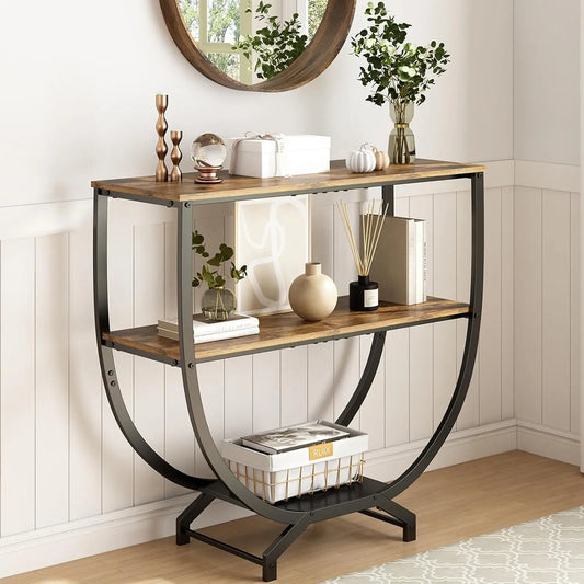 3-Tier Industrial Console Table with Storage, 30" Height Entryway Sofa Table, Rustic Brown for Living Room