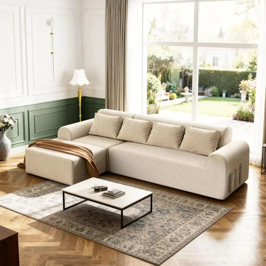 Cloud Boneless Sectional Sofa for Living Room, 4-Seater L-Shaped Comfy Couch with Ottoman, 4 Pillows, Deep, Customized