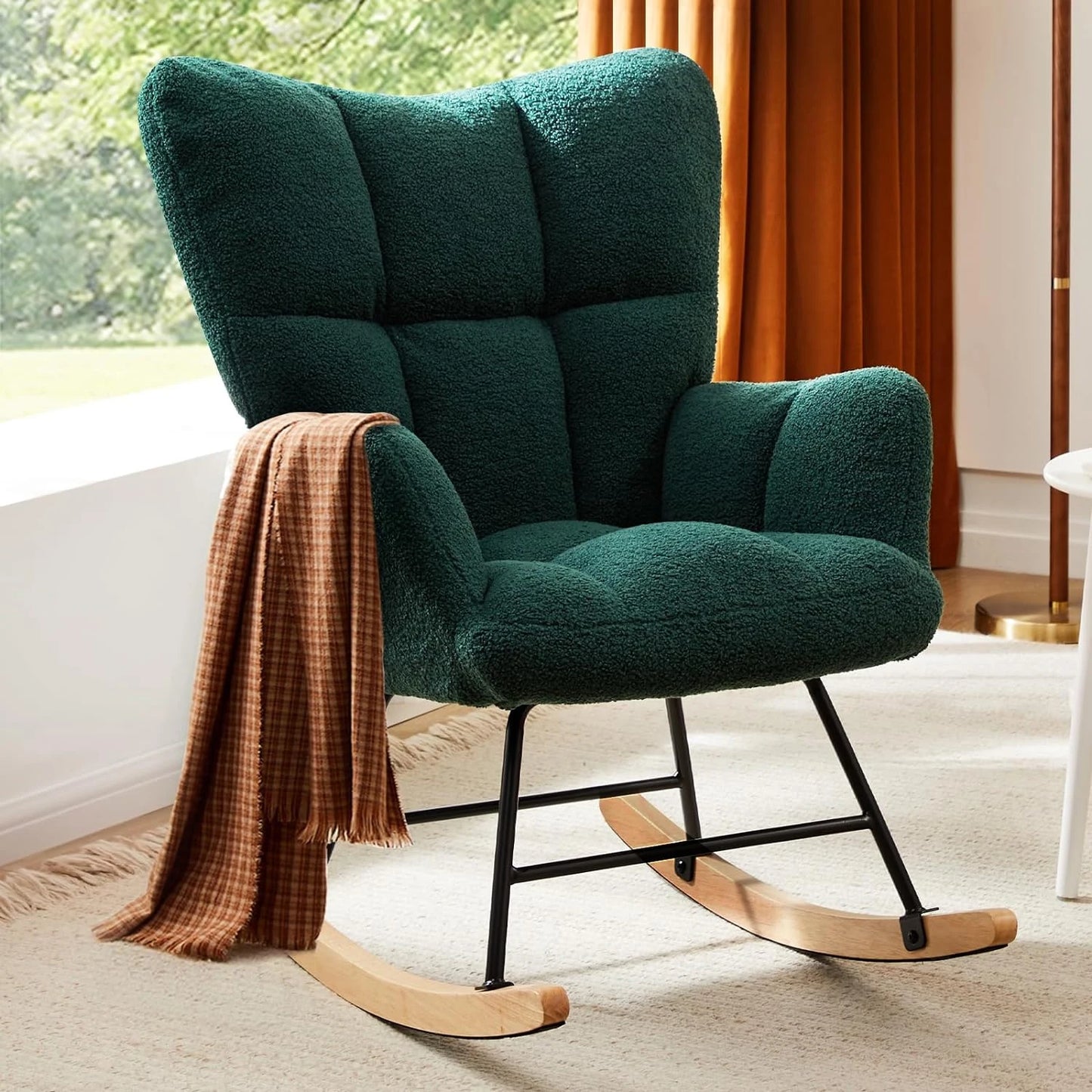 Modern Upholstered Nursery Rocking Chairs, with Side Pocket High Back Teddy Boucle  4 colors