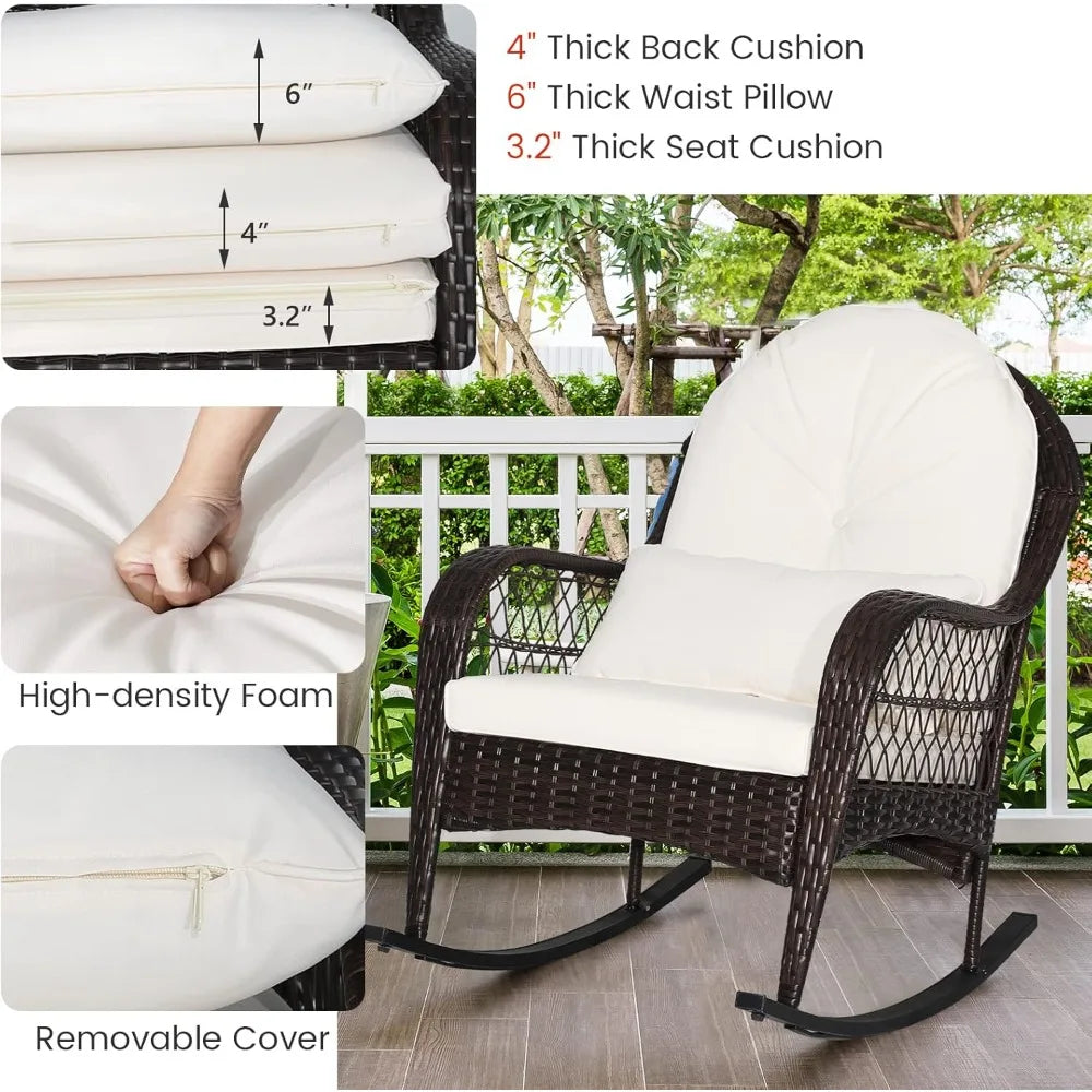 Patio Wicker Rocking Chair, Outdoor Rocker with Seat and Back Cushion, Waist Pillow, Armrests, Garden Chair