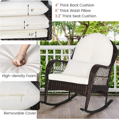 Patio Wicker Rocking Chair, Outdoor Rocker with Seat and Back Cushion, Waist Pillow, Armrests, Garden Chair