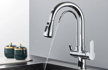 Quyanre Matte Black Filtered Crane For Kitchen Pull Out Spray 360 Rotation Water Sink Mixer Kitchen Faucet