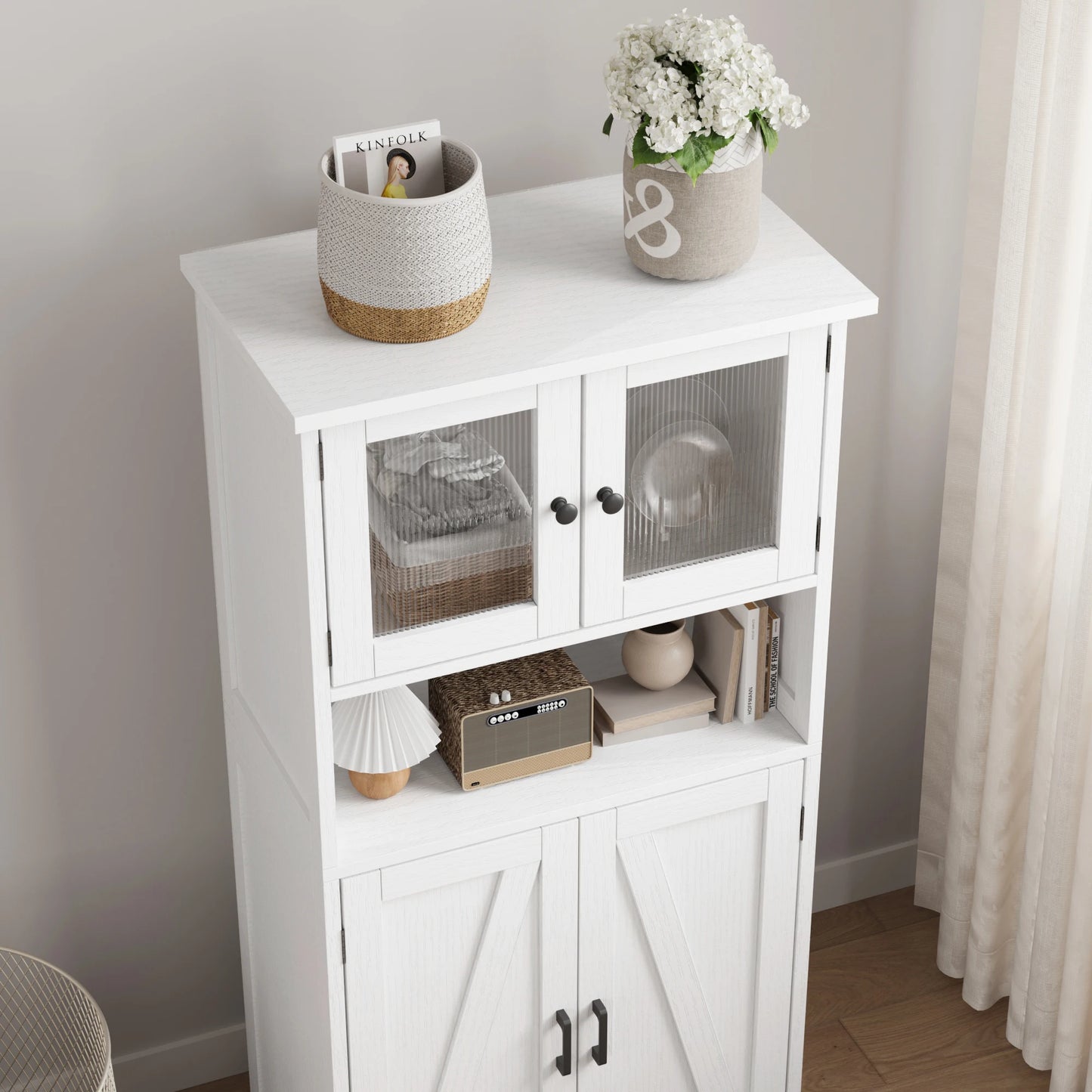 Free Standing Kitchen Pantry Cupboard with 4 Doors with Tempered Glass Doors