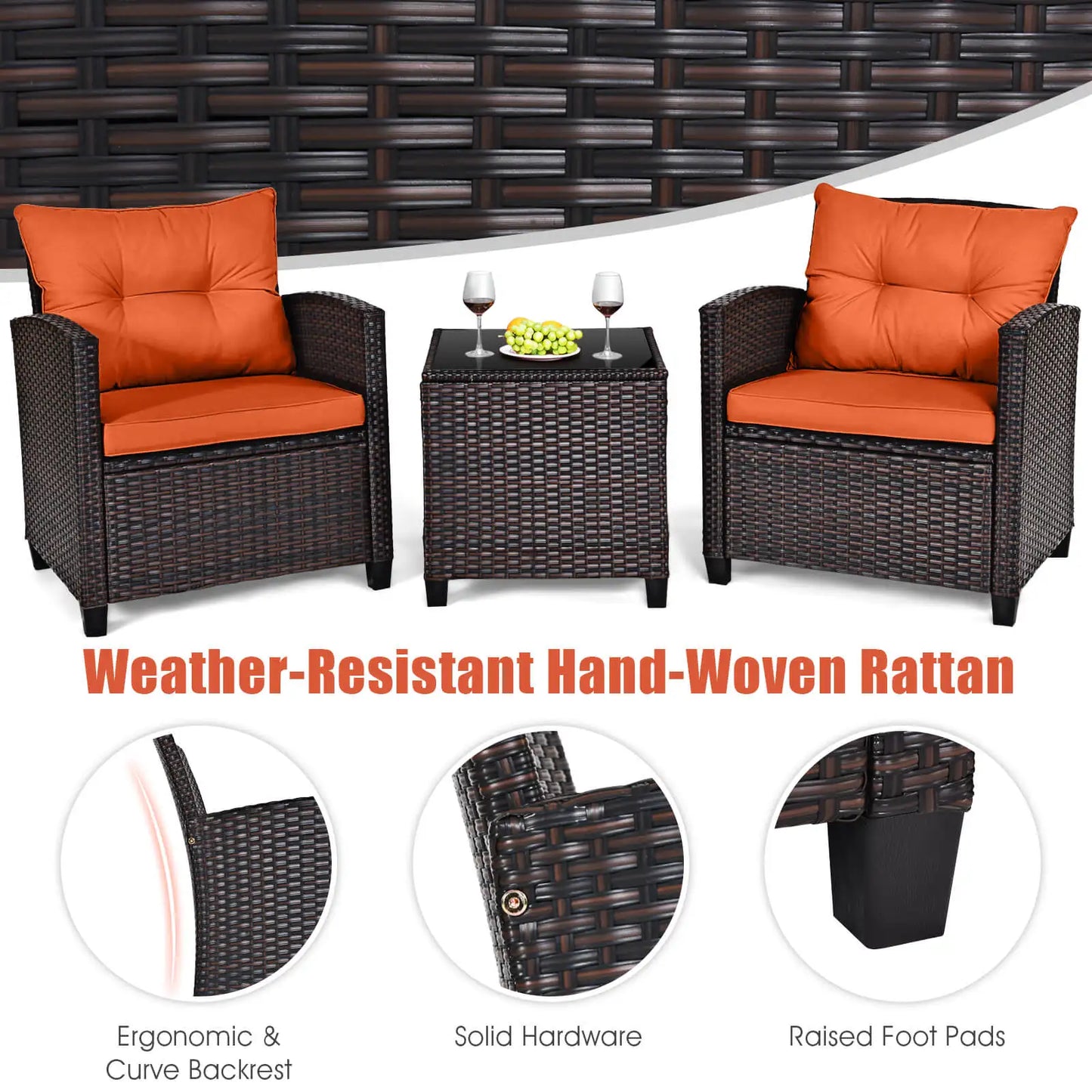 3 PCS Patio Rattan Furniture Set Cushioned  Sofa Orange