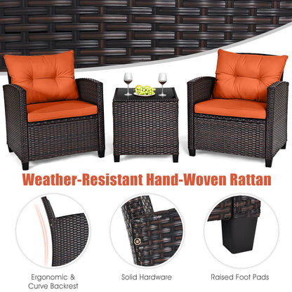 3 PCS Patio Rattan Furniture Set Cushioned  Sofa Orange