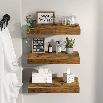 10" Deep Floating Shelves Set of 3, Rustic Brown Wood for Wall - Bathroom Bedroom Kitchen Living Room